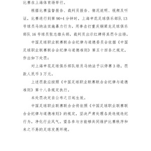 开云-官方：申花外援马纳法因实施暴力行为，被停赛3场，罚款3万元
